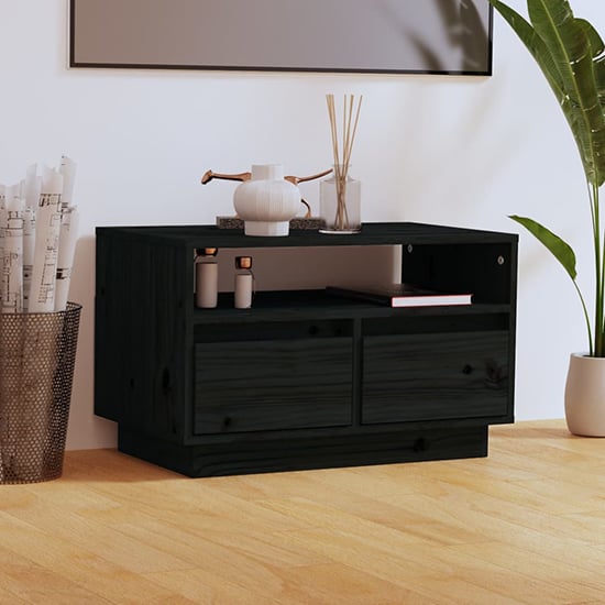 Qwara Pine Wood TV Stand With 2 Drawers In Black Furniture in