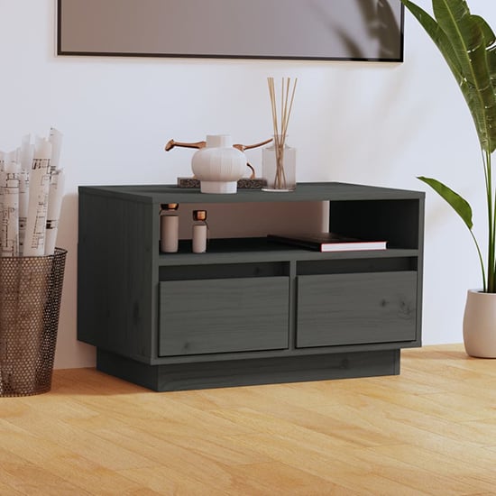 Read more about Qwara pine wood tv stand with 2 drawers in grey