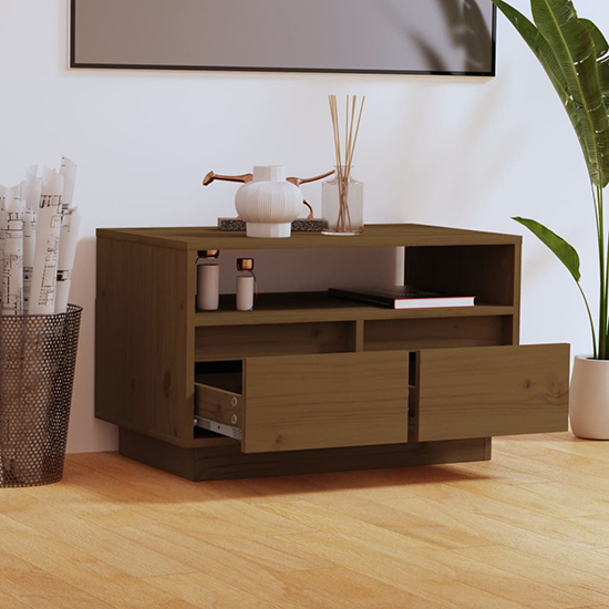 Qwara Pine Wood TV Stand With 2 Drawers In Honey Brown