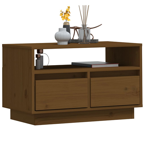 Qwara Pine Wood TV Stand With 2 Drawers In Honey Brown