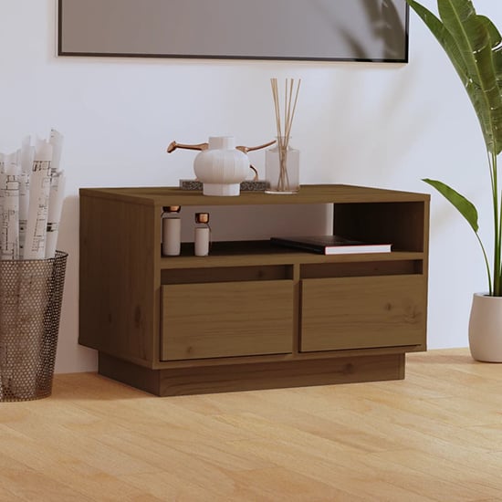 Photo of Qwara pine wood tv stand with 2 drawers in honey brown