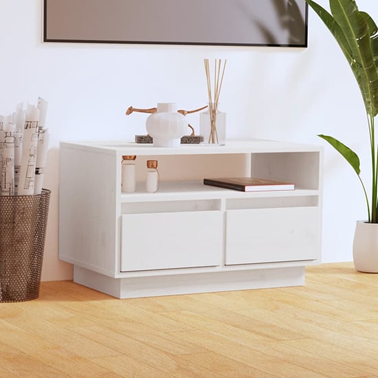 Product photograph of Qwara Pine Wood Tv Stand With 2 Drawers In White from Furniture in Fashion