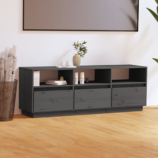Read more about Qwara pine wood tv stand with 3 drawers in grey