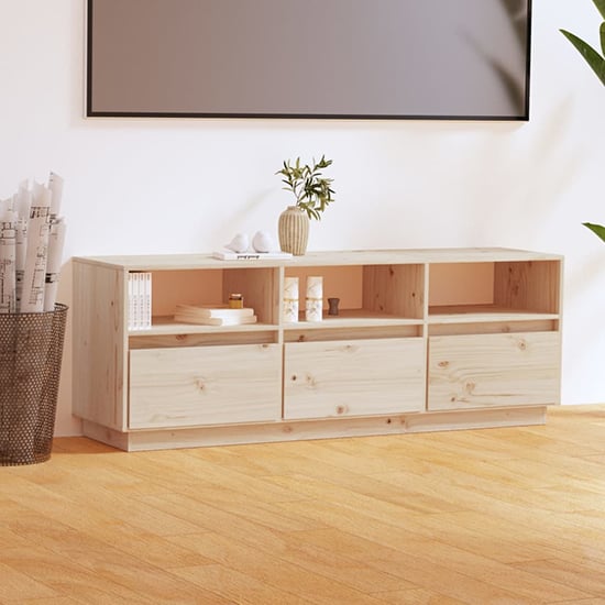 Photo of Qwara pine wood tv stand with 3 drawers in natural