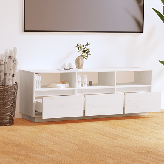 Qwara Pine Wood TV Stand With 3 Drawers In White