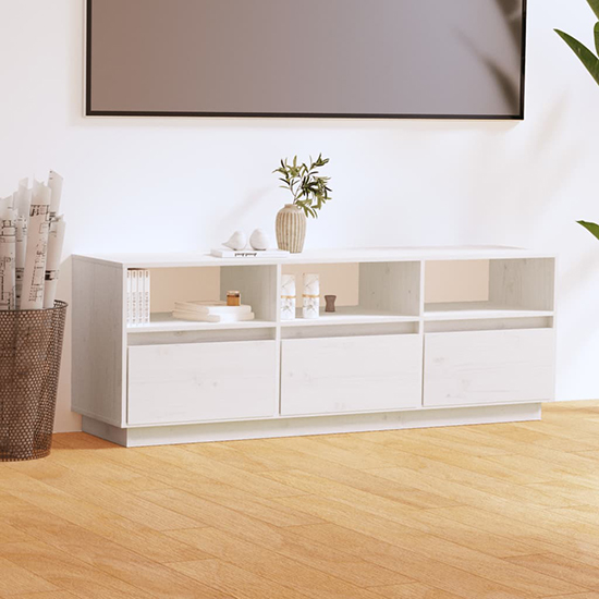 Read more about Qwara pine wood tv stand with 3 drawers in white