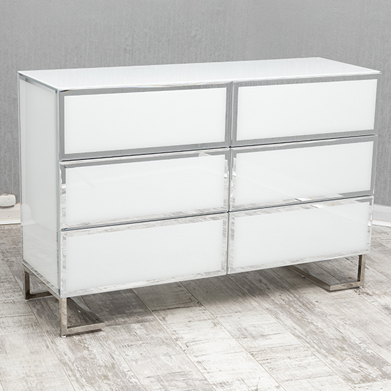 Product photograph of Qwin Glass Chest Of 6 Drawers In White from Furniture in Fashion