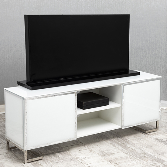 Photo of Qwin glass tv stand with 2 doors in white