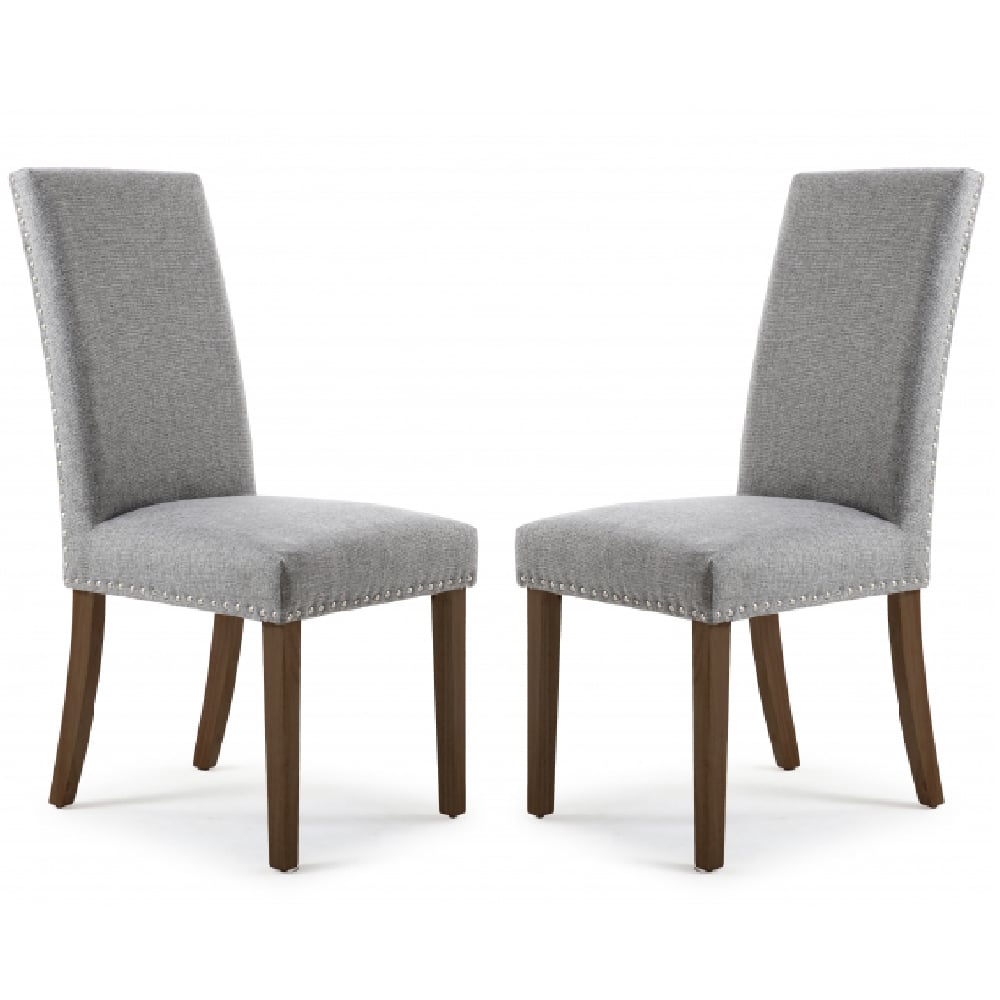 Read more about Rabat silver grey fabric dining chairs with walnut legs in pair