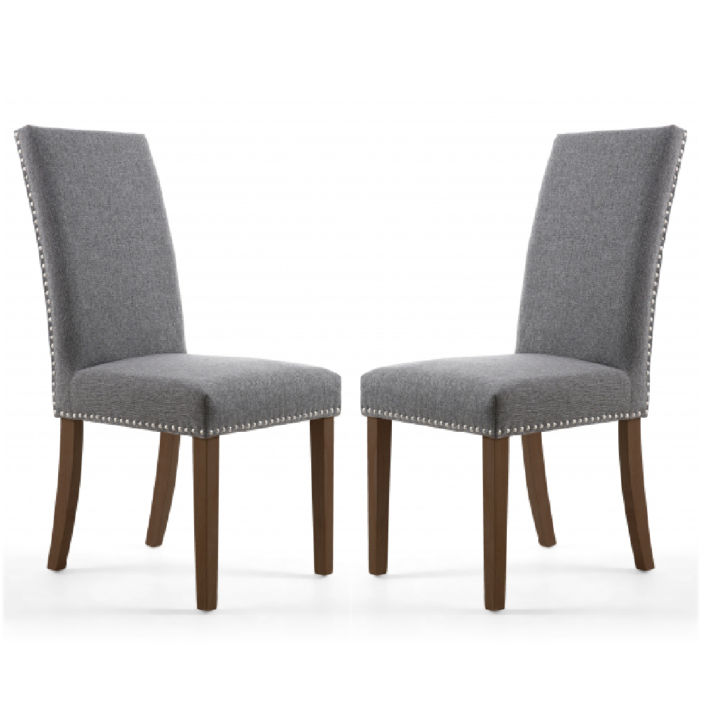 Read more about Rabat steel grey fabric dining chairs with walnut legs in pair