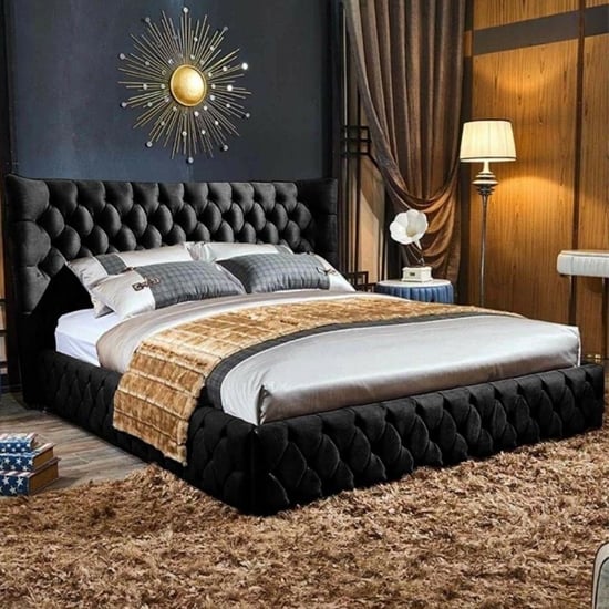 Radium Plush Velvet Upholstered Double Bed In Black