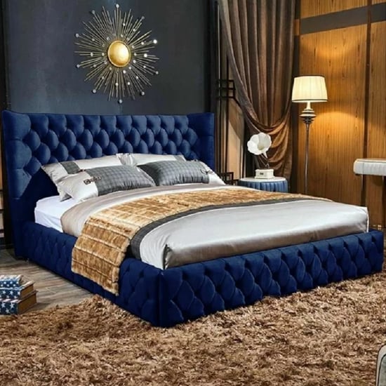 Radium Plush Velvet Upholstered Double Bed In Blue
