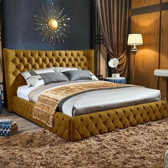 Radium Plush Velvet Upholstered Double Bed In Mustard