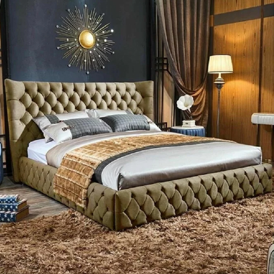 Photo of Radium plush velvet upholstered king size bed in mink