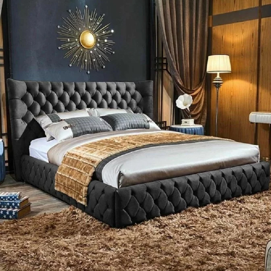 Photo of Radium plush velvet upholstered king size bed in steel
