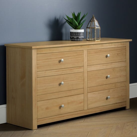 Raddix Wide Wooden Chest Of Drawers In Waxed Pine With 6 Drawers thumbnail