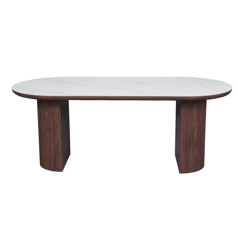 Raelio White Sintered Stone Top Dining Table with Walnut Wooden Base