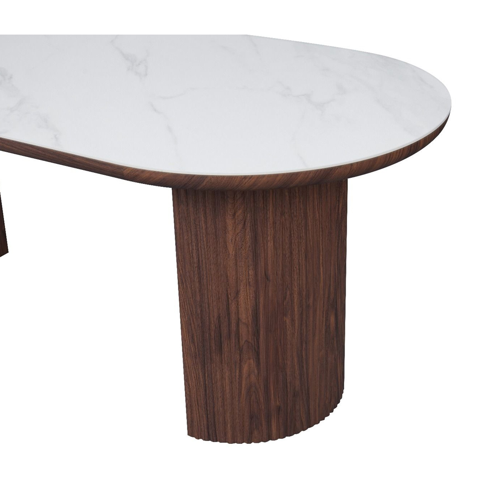 Raelio White Sintered Stone Top Dining Table with Walnut Wooden Base