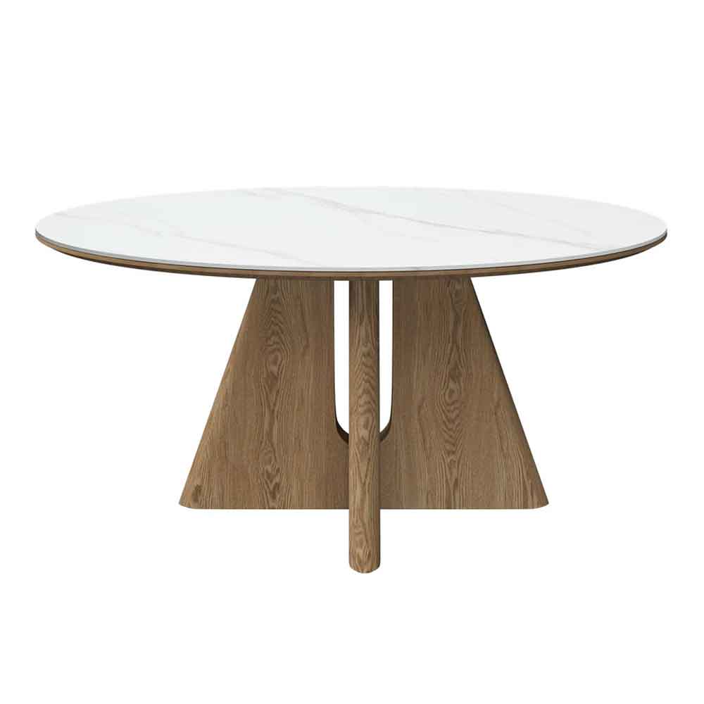 Raevo Oval Ceramic Top Dining Table with Oak Veneer Base in Matte White Marble-Effect