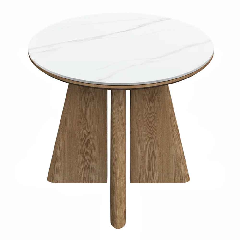 Raevo Oval Ceramic Top Dining Table with Oak Veneer Base in Matte White Marble-Effect