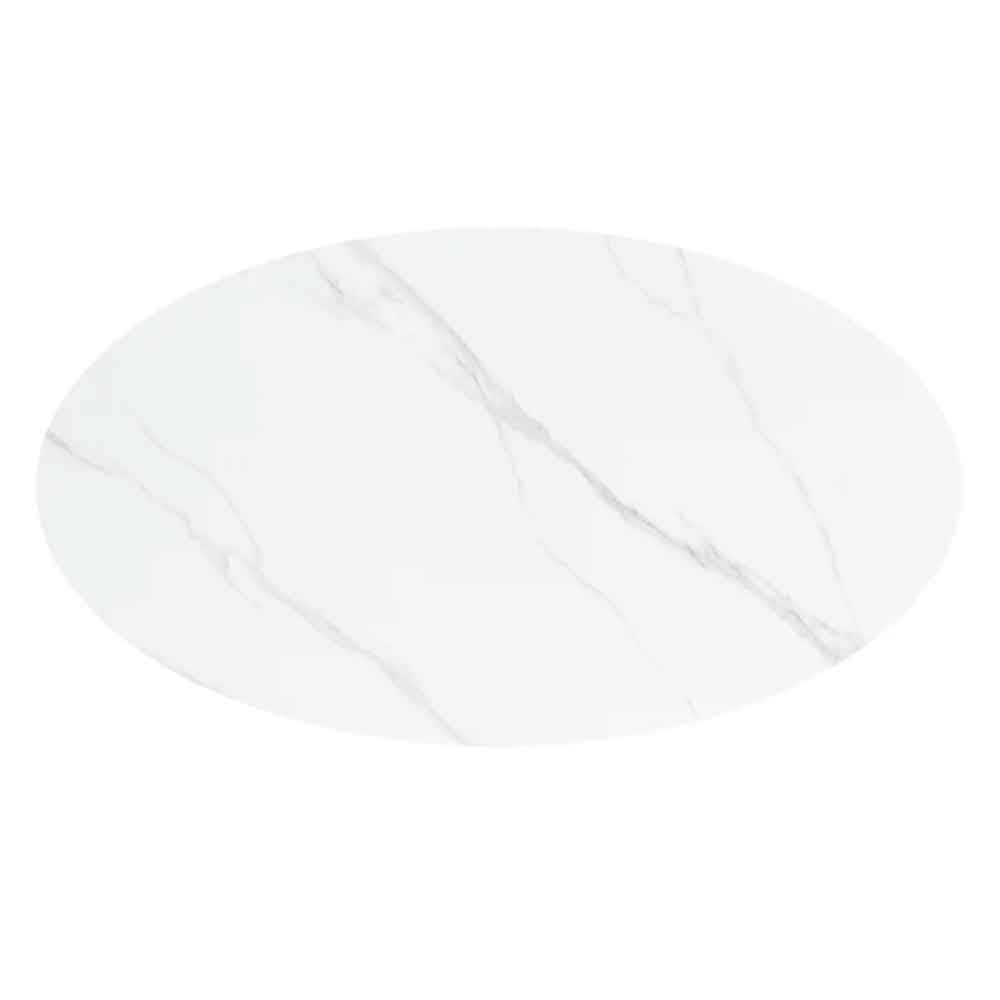 Raevo Oval Ceramic Top Dining Table with Oak Veneer Base in Matte White Marble-Effect