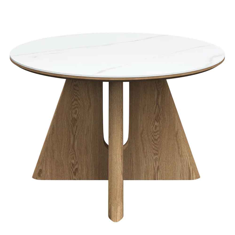 Raevo Round Ceramic Top Dining Table with Oak Veneer Base in Matte White