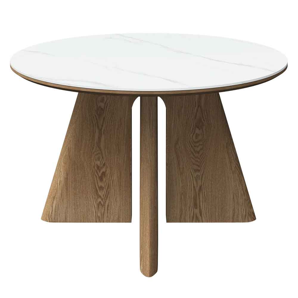 Raevo Round Ceramic Top Dining Table with Oak Veneer Base in Matte White