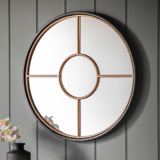 Product photograph of Raga Large Round Wall Mirror In Black And Gold Frame from Furniture in Fashion