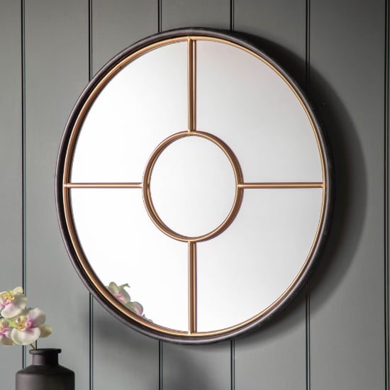 Product photograph of Raga Small Round Wall Mirror In Black And Gold Frame from Furniture in Fashion