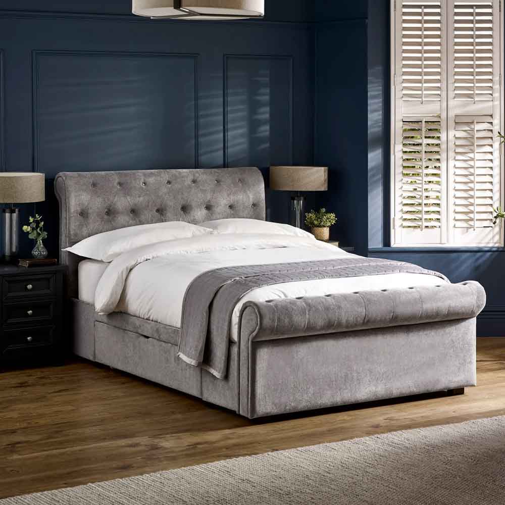 Rahela Fabric Double Bed with 2 Drawers in Grey