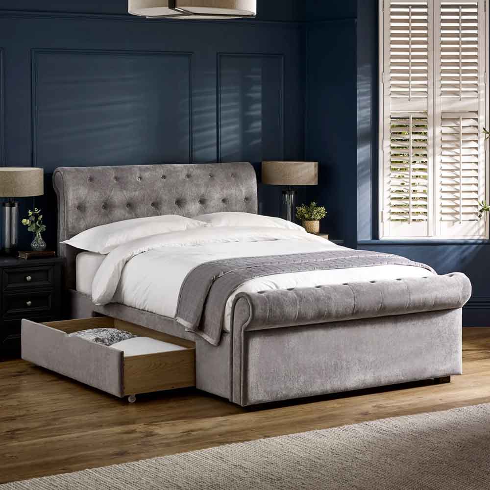 Rahela Fabric Double Bed with 2 Drawers in Grey
