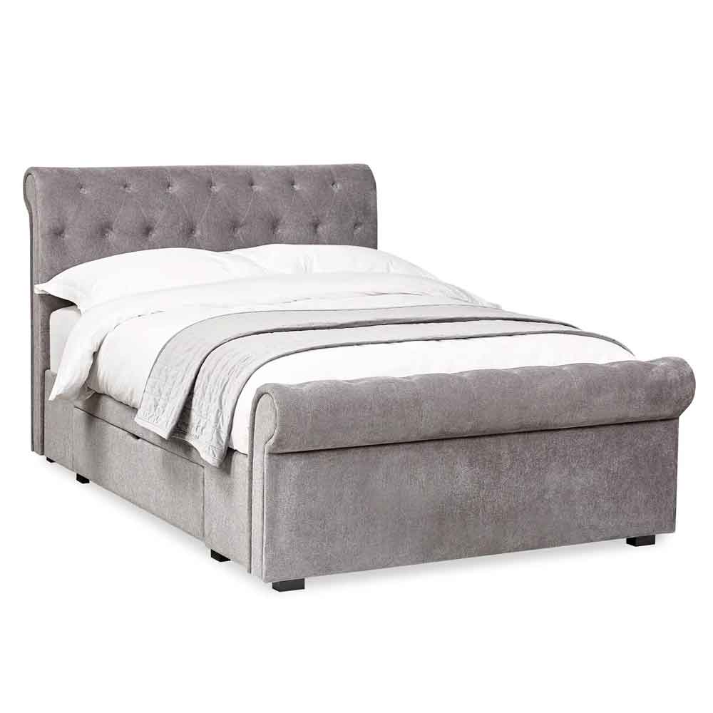 Rahela Fabric Double Bed with 2 Drawers in Grey
