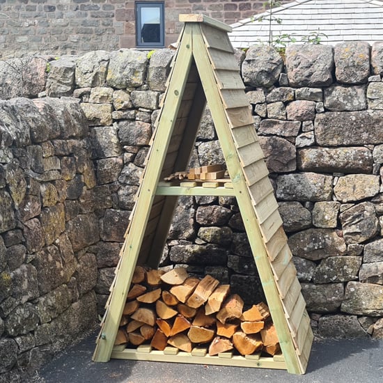 Photo of Raivo triangle timber log store with kindling shelf in natural