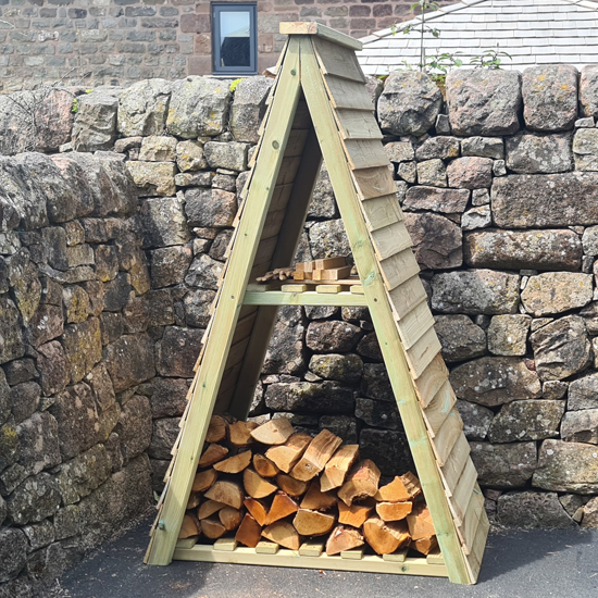 Product photograph of Raivo Triangle Timber Log Store With Kindling Shelf In Natural from Furniture in Fashion