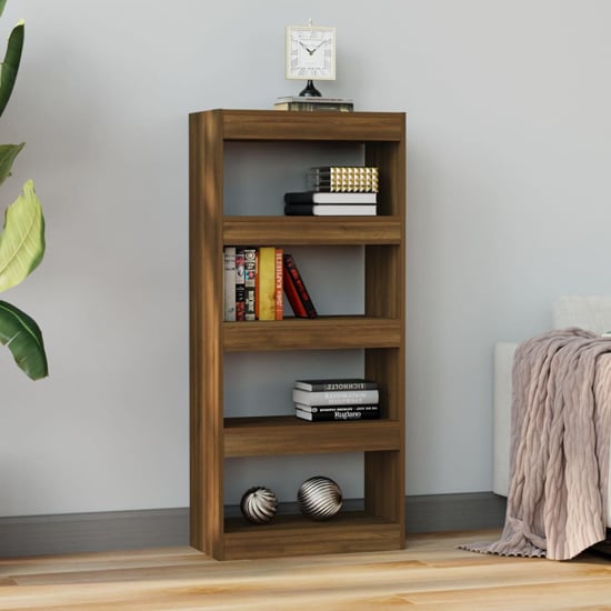 Photo of Raivos wooden bookshelf and room divider in brown oak