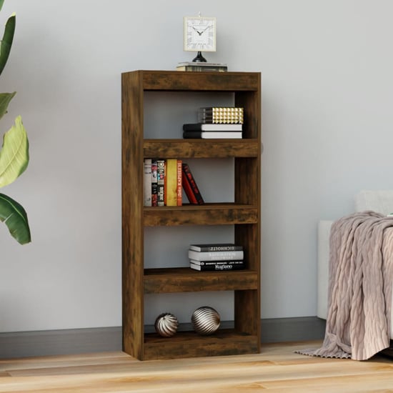 Raivos Wooden Bookshelf And Room Divider In Smoked Oak