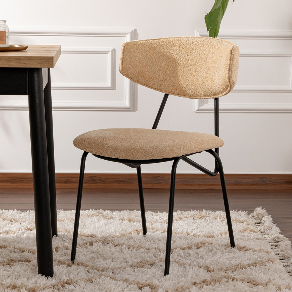 Raleo Beige Fabric Dining Chairs with Black Metal Legs in Pair