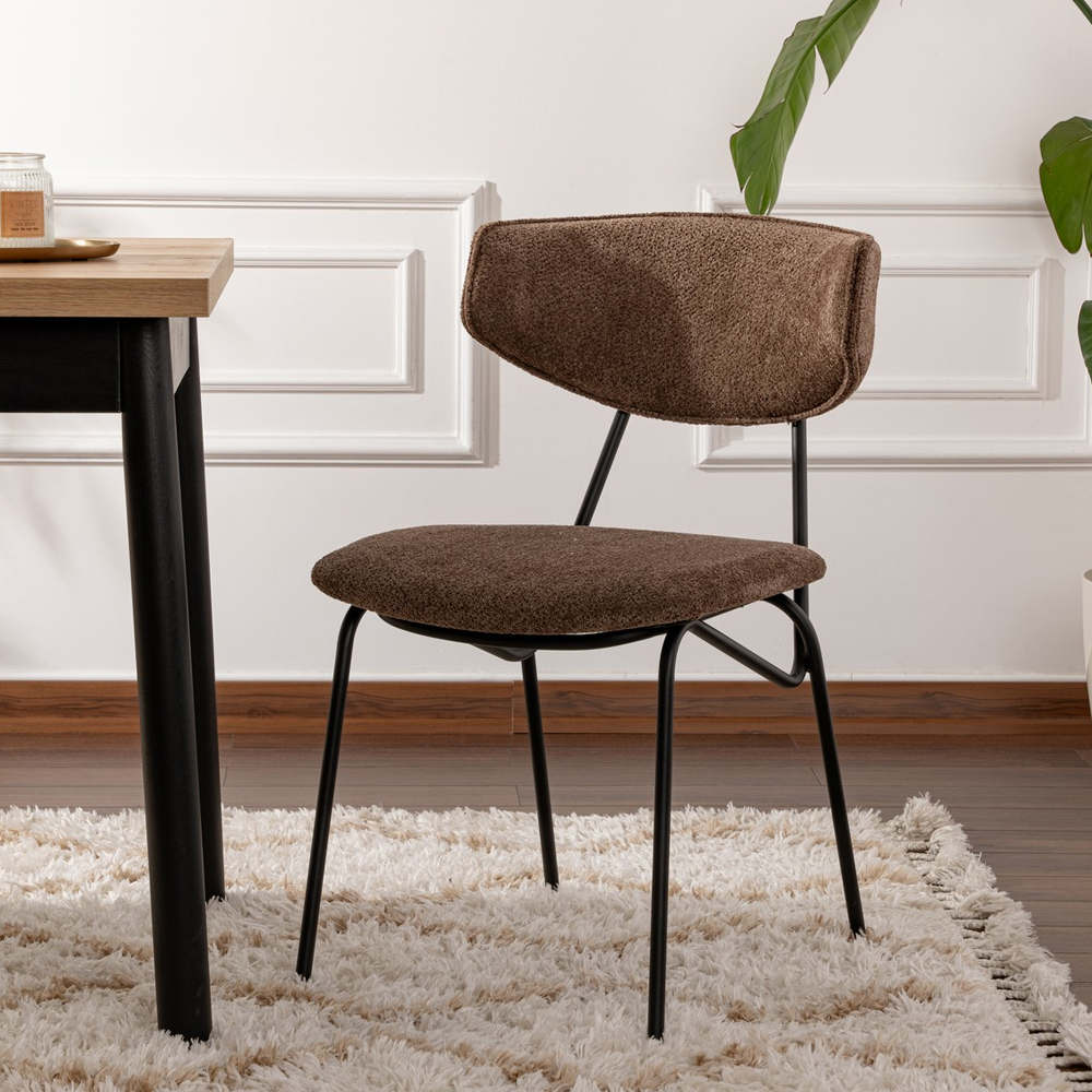 Raleo Brown Fabric Dining Chairs with Black Metal Legs in Pair