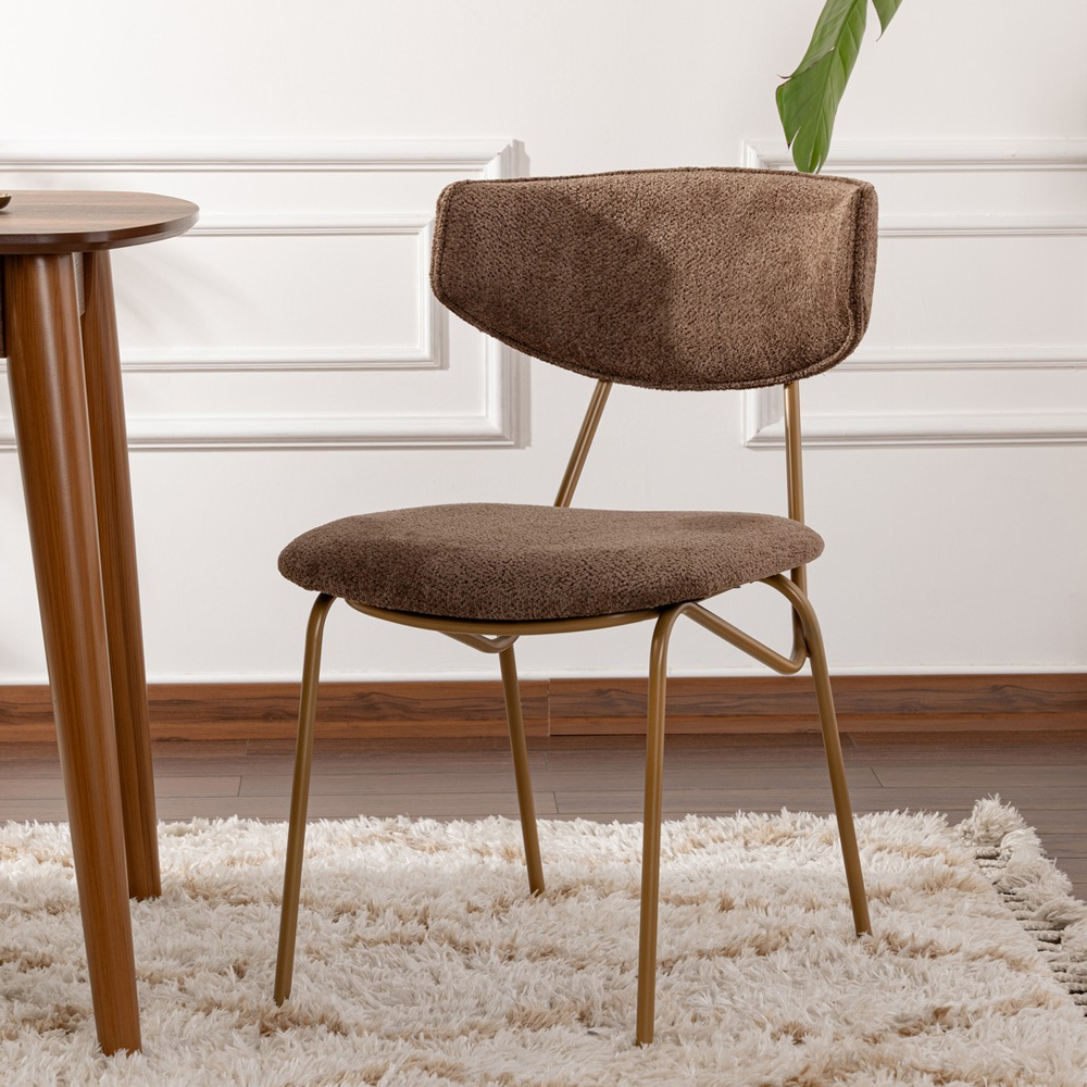 Raleo Brown Fabric Dining Chairs with Gold Metal Legs in Pair