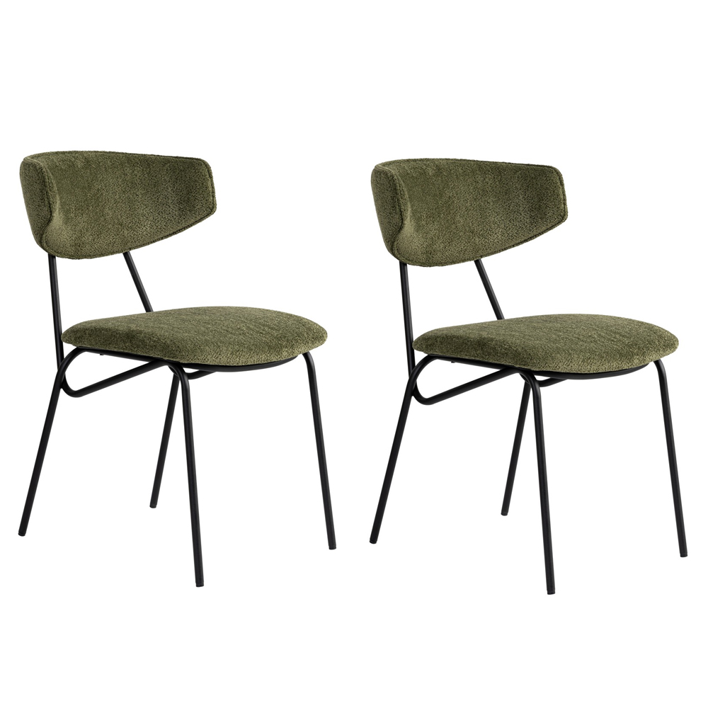 Raleo Green Fabric Dining Chairs with Black Metal Legs in Pair