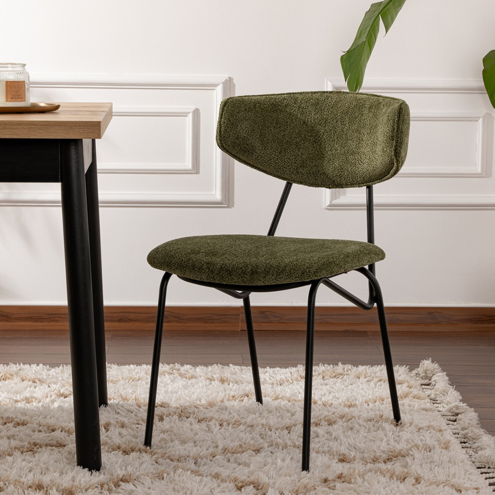 Raleo Green Fabric Dining Chairs with Black Metal Legs in Pair