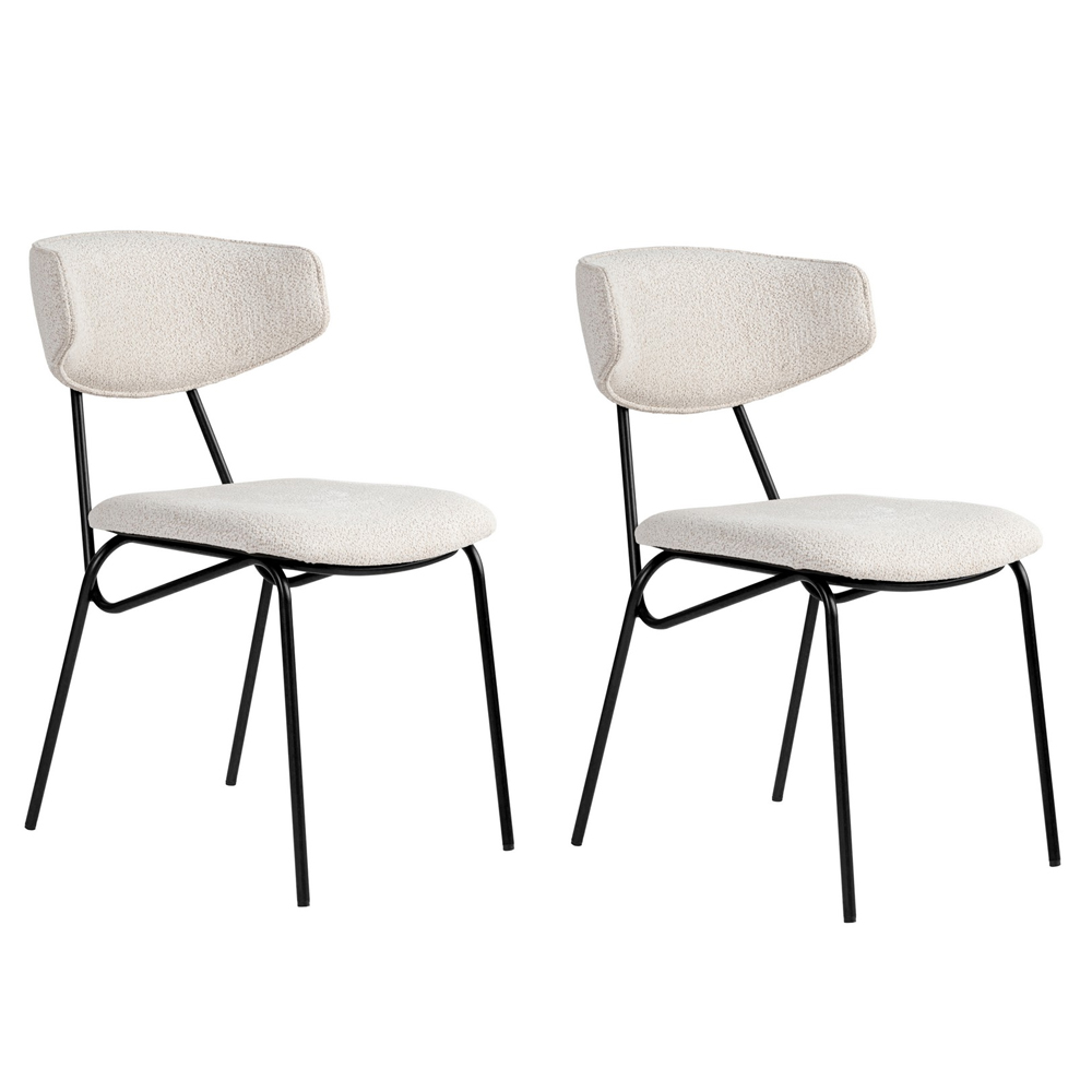 Raleo White Fabric Dining Chairs with Black Metal Legs in Pair