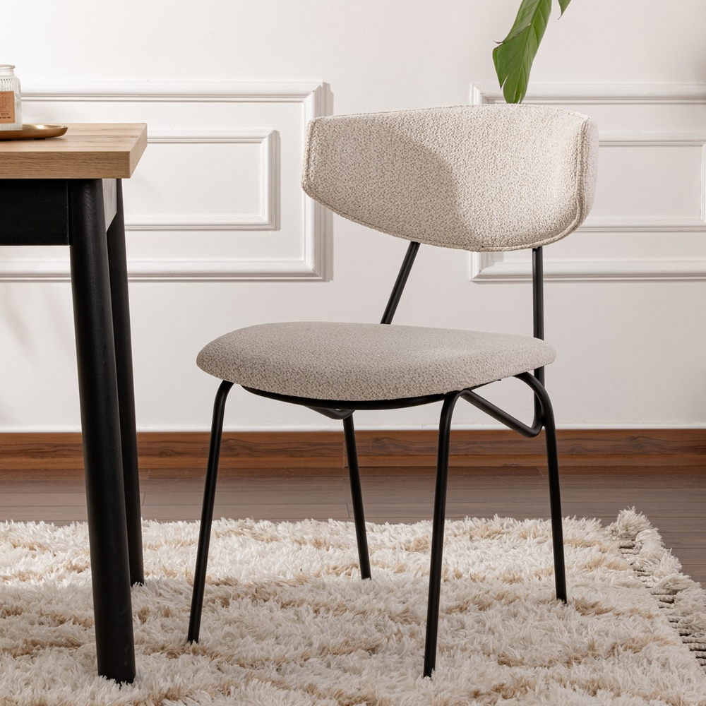 Raleo White Fabric Dining Chairs with Black Metal Legs in Pair