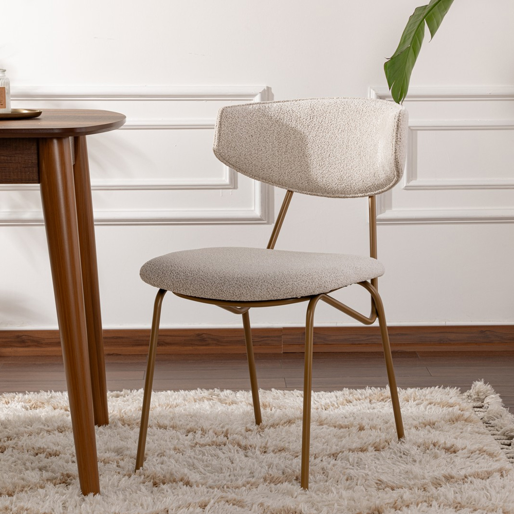 Raleo White Fabric Dining Chairs with Gold Metal Legs in Pair