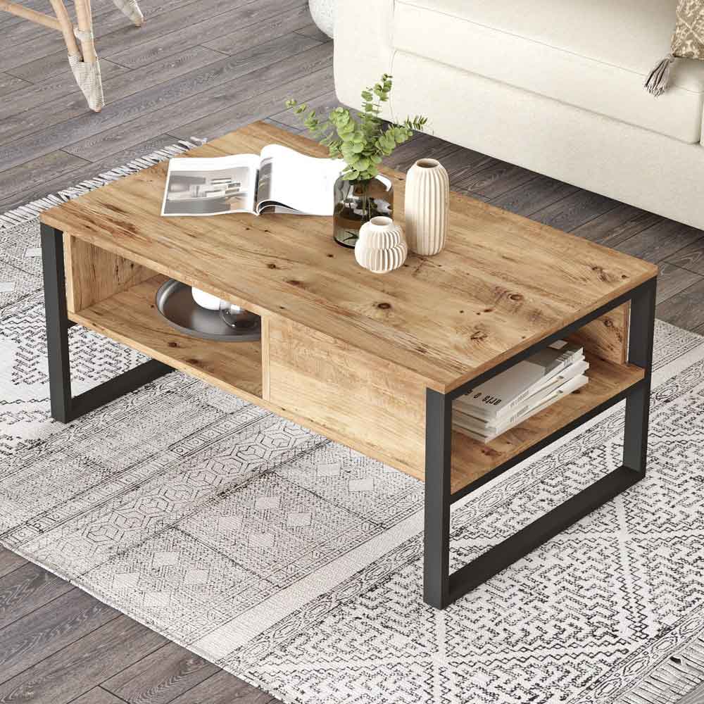 Raleo Wooden Coffee Table with Metal Frame in Atlantic Pine