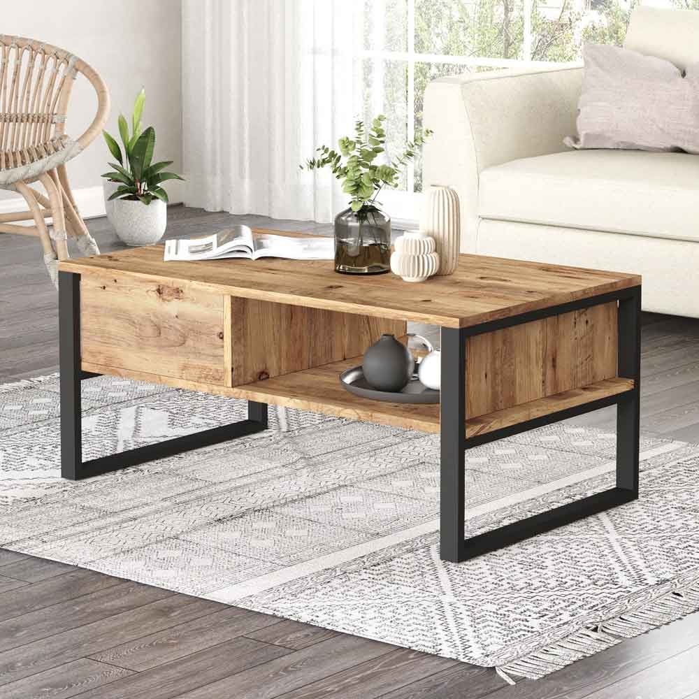 Raleo Wooden Coffee Table with Metal Frame in Atlantic Pine