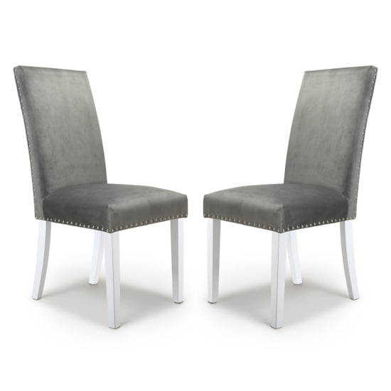 Rabat Grey Velvet Dining Chairs With White Legs In Pair