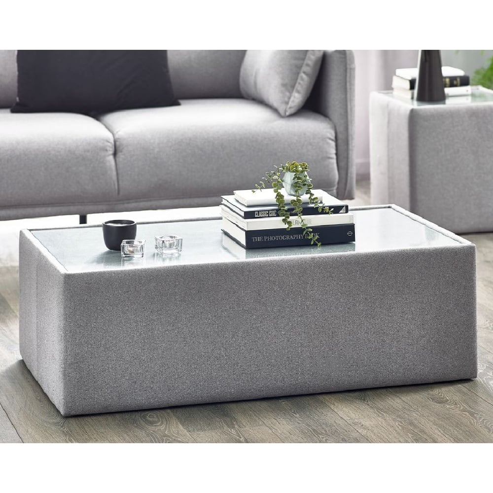Read more about Rania glass top coffee table with grey fabric frame