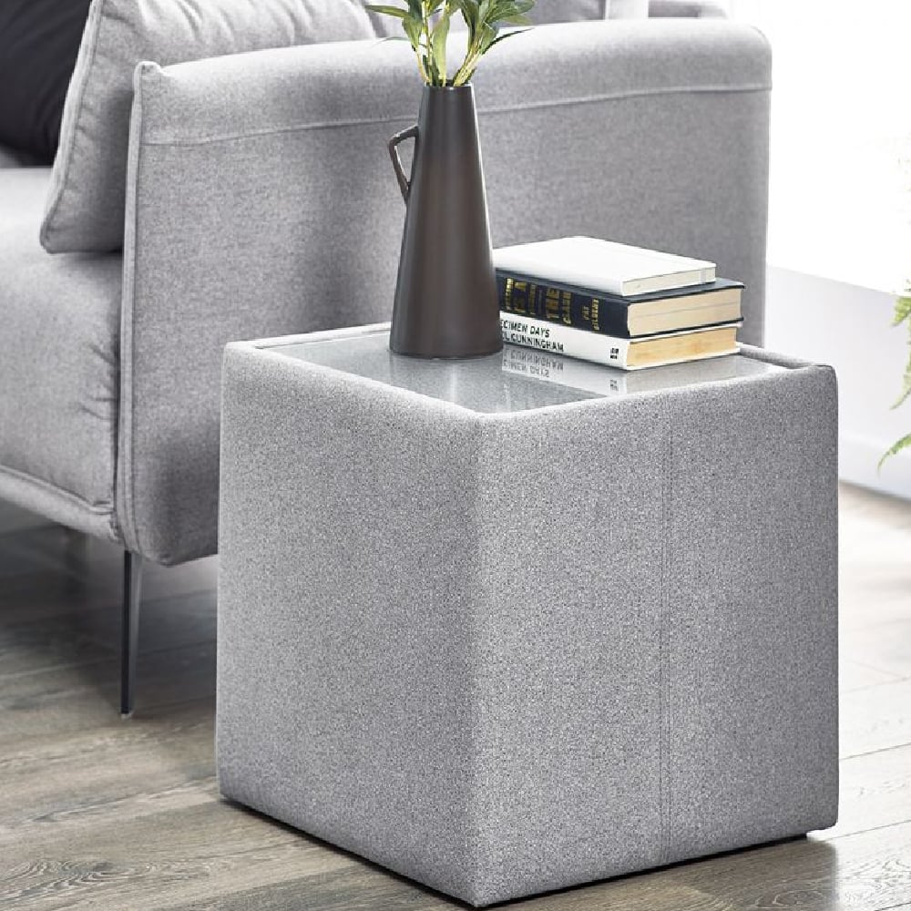Read more about Rania glass top lamp table with grey fabric frame