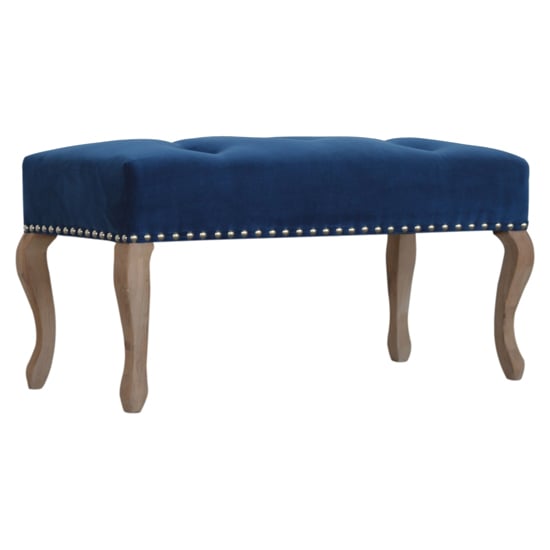 Product photograph of Rarer Velvet French Style Hallway Bench In Blue And Sunbleach from Furniture in Fashion